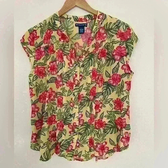 Architect Tropical Button Front Shirt Yellow Size Large Short Sleeve Top V Neck - Picture 2 of 6